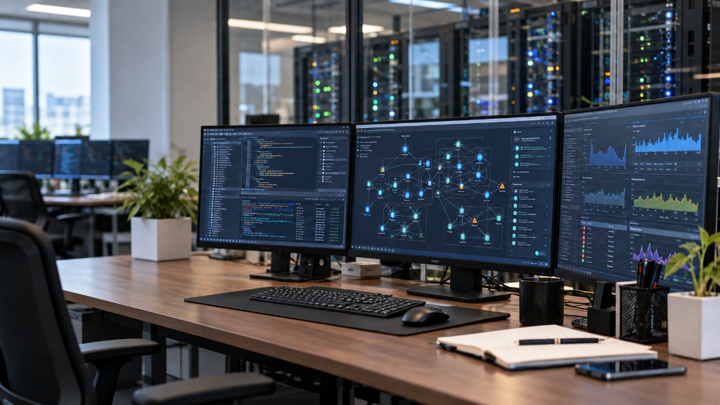Network operations center multi-monitor workstation monitoring high-concurrency Kubernetes service mesh topology and telemetry.